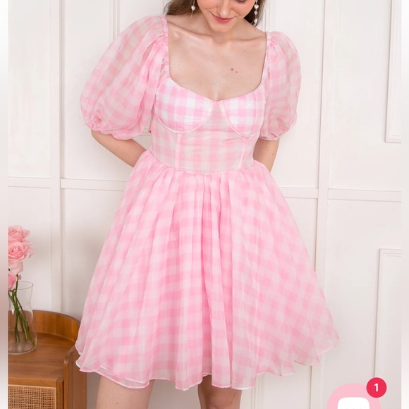 Pink ginham puff sleeve dollhouse mini dress - Picture 1 of 9